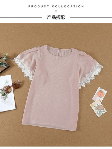 Lace Round Neck Patchwork Women's Short-Sleeved Pullover Top