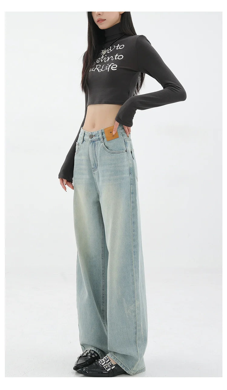 Blue Retro Loose Straight-Leg High-Waist Floor-Length Jeans