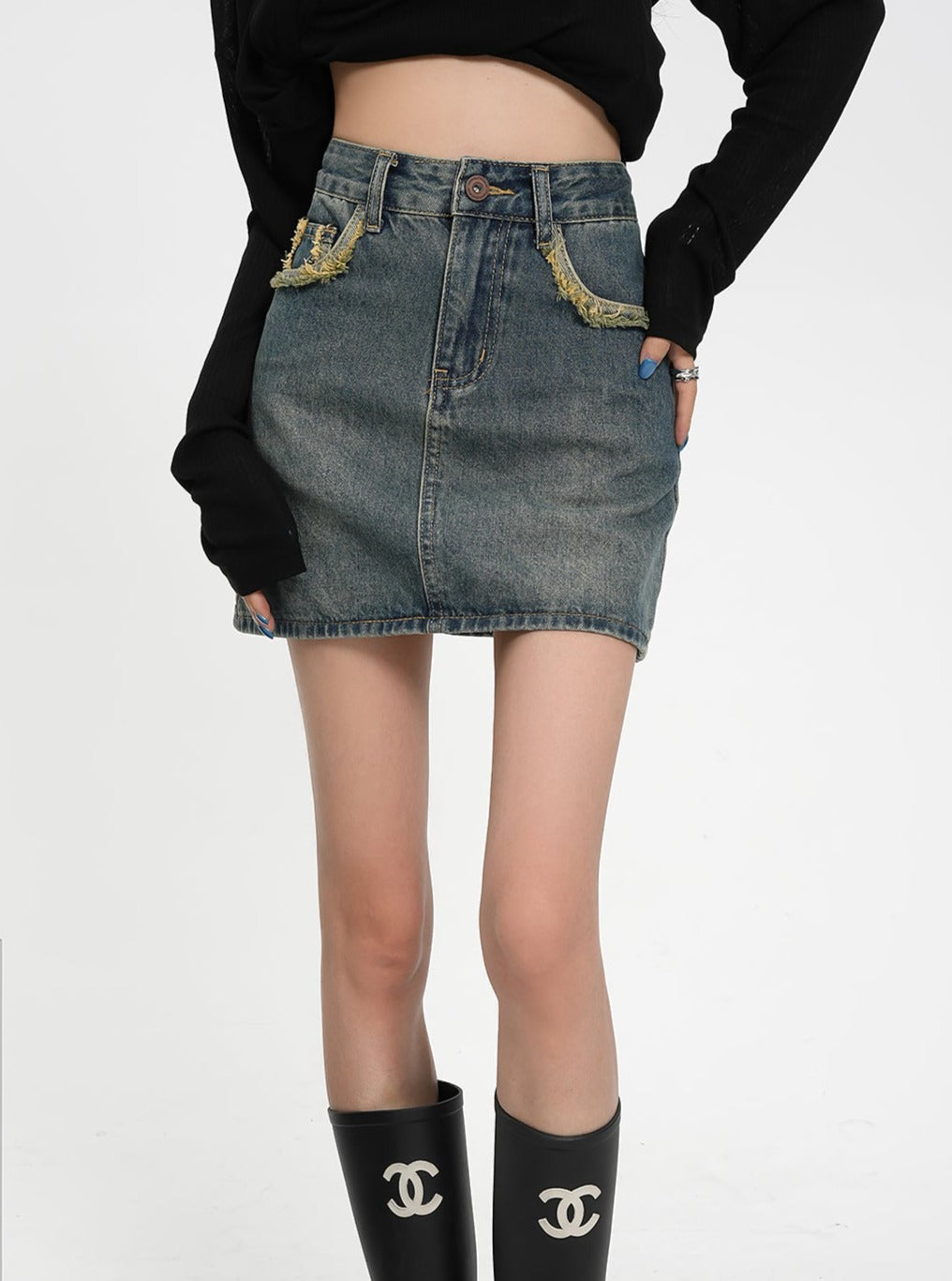 Vintage-Inspired Denim Mini Skirt - Two-Tone Patchwork Jean Skirt with Raw Hem