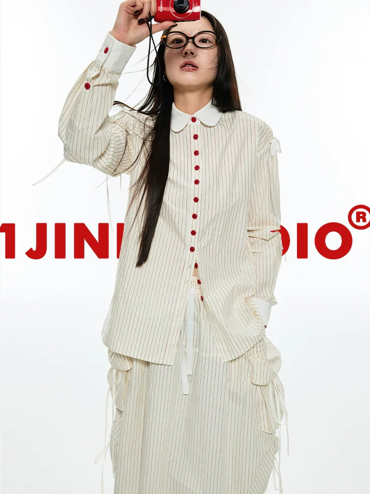 Chic Striped Collar Shirt & Skirt Set