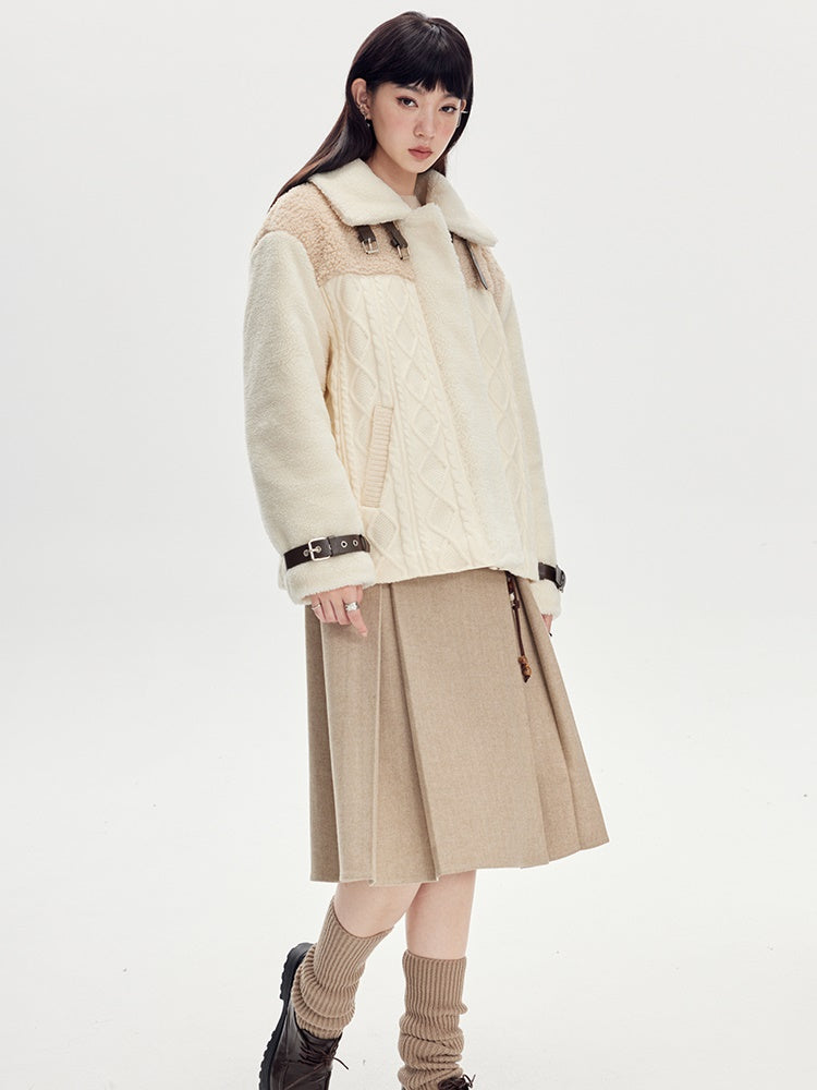 Beige Pleated Midi Skirt With Wide Belt - Wool Blend A-Line Winter Skirt