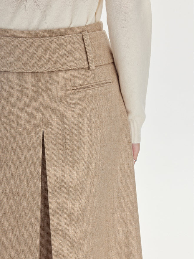 Beige Pleated Midi Skirt With Wide Belt - Wool Blend A-Line Winter Skirt