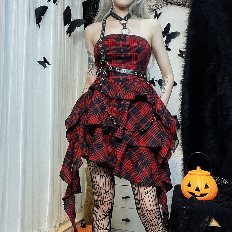 Wannathis Punk Tartan Mini Dress - Red Plaid Ruffle Tiered Goth Dress With Studded Harness