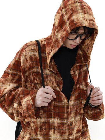 Mrnearly Distressed Plaid Hooded Overshirt - Unisex Grunge-Inspired Outerwear