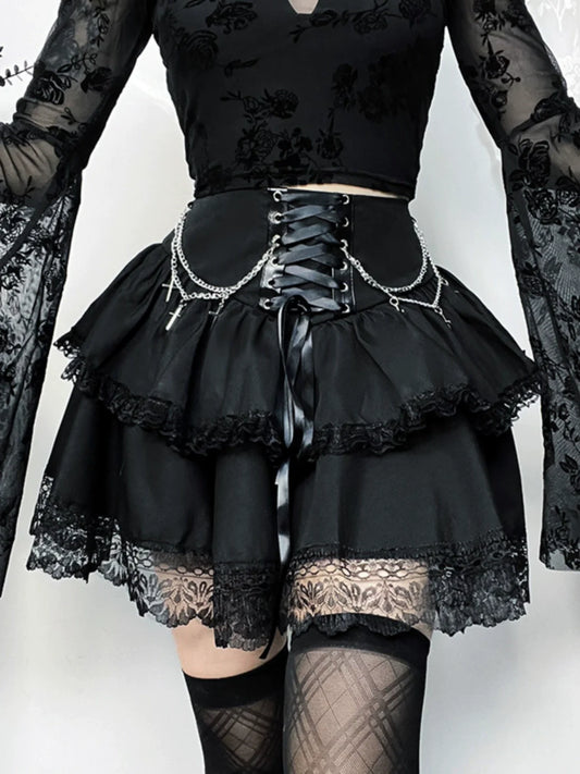 Wannathis Gothic Lolita Mini Skirt - Black Tiered Ruffle With Lace-Up Waist And Cross Chains