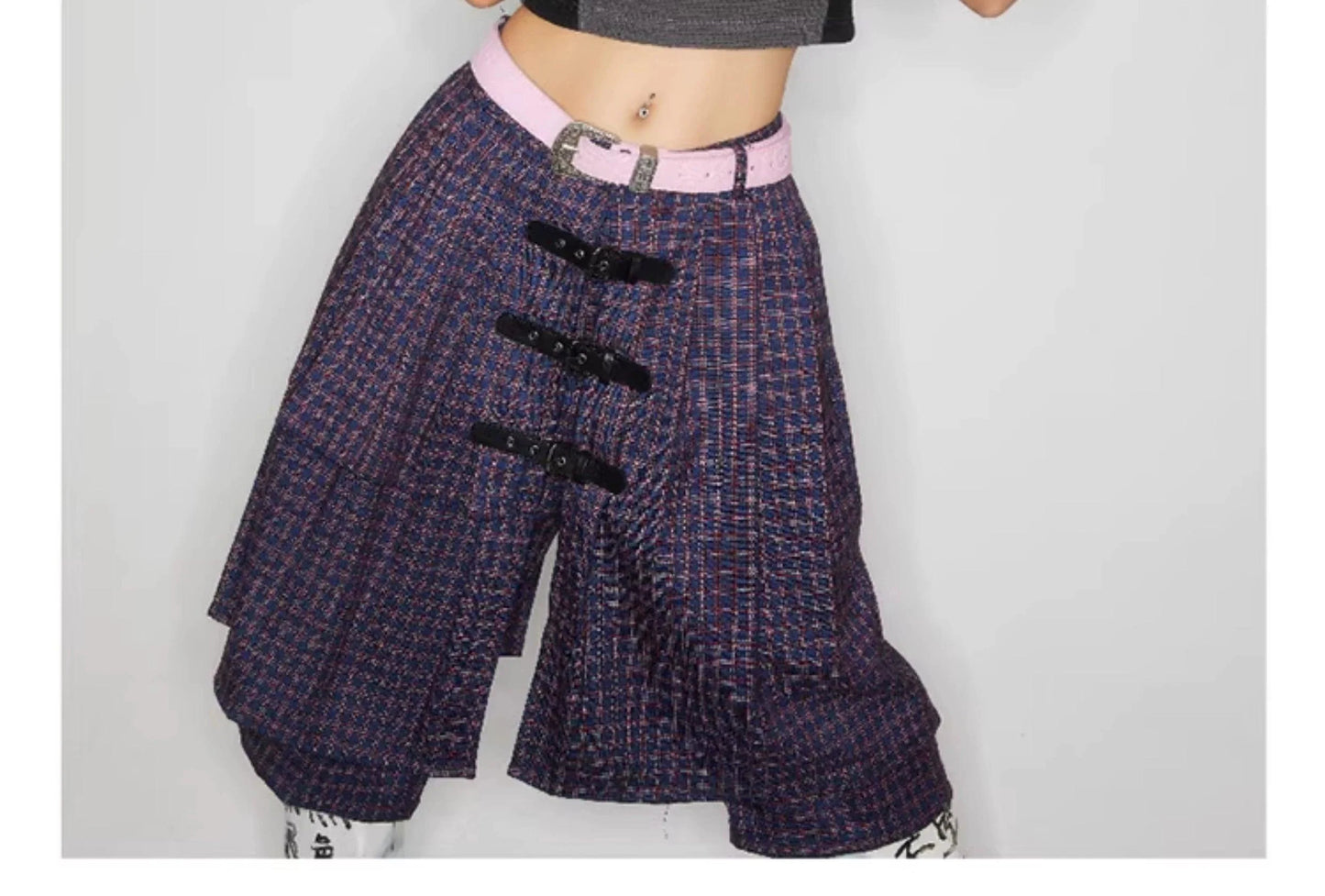 Plaid Buckle-Front Layered Unisex Skort