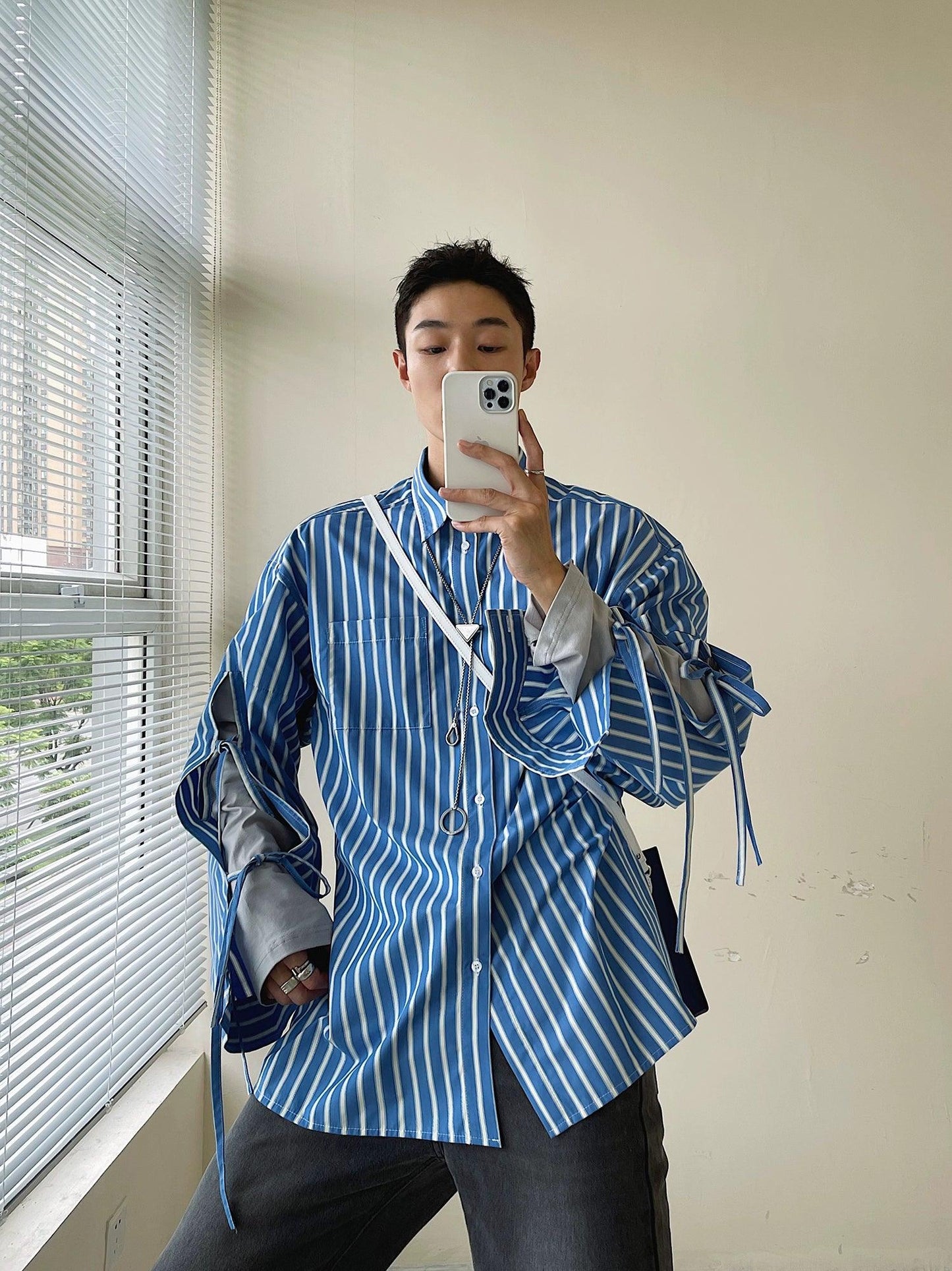 Weave Studio Blue Striped Oversized Button-Down Shirt - Long Sleeve Layered Cuff Loose Fit Shirt