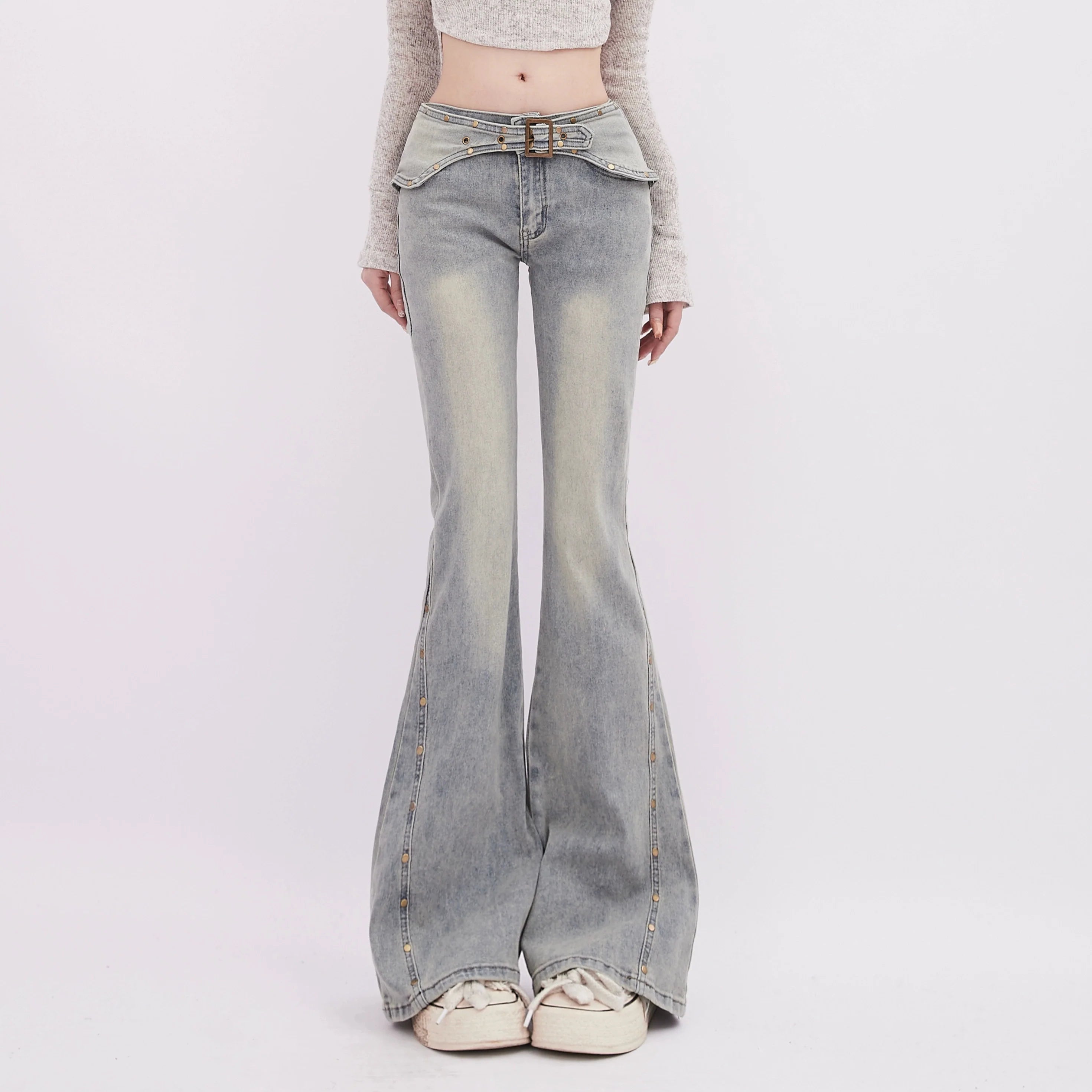 Retro Flared Jeans With Rivet Belt Detail