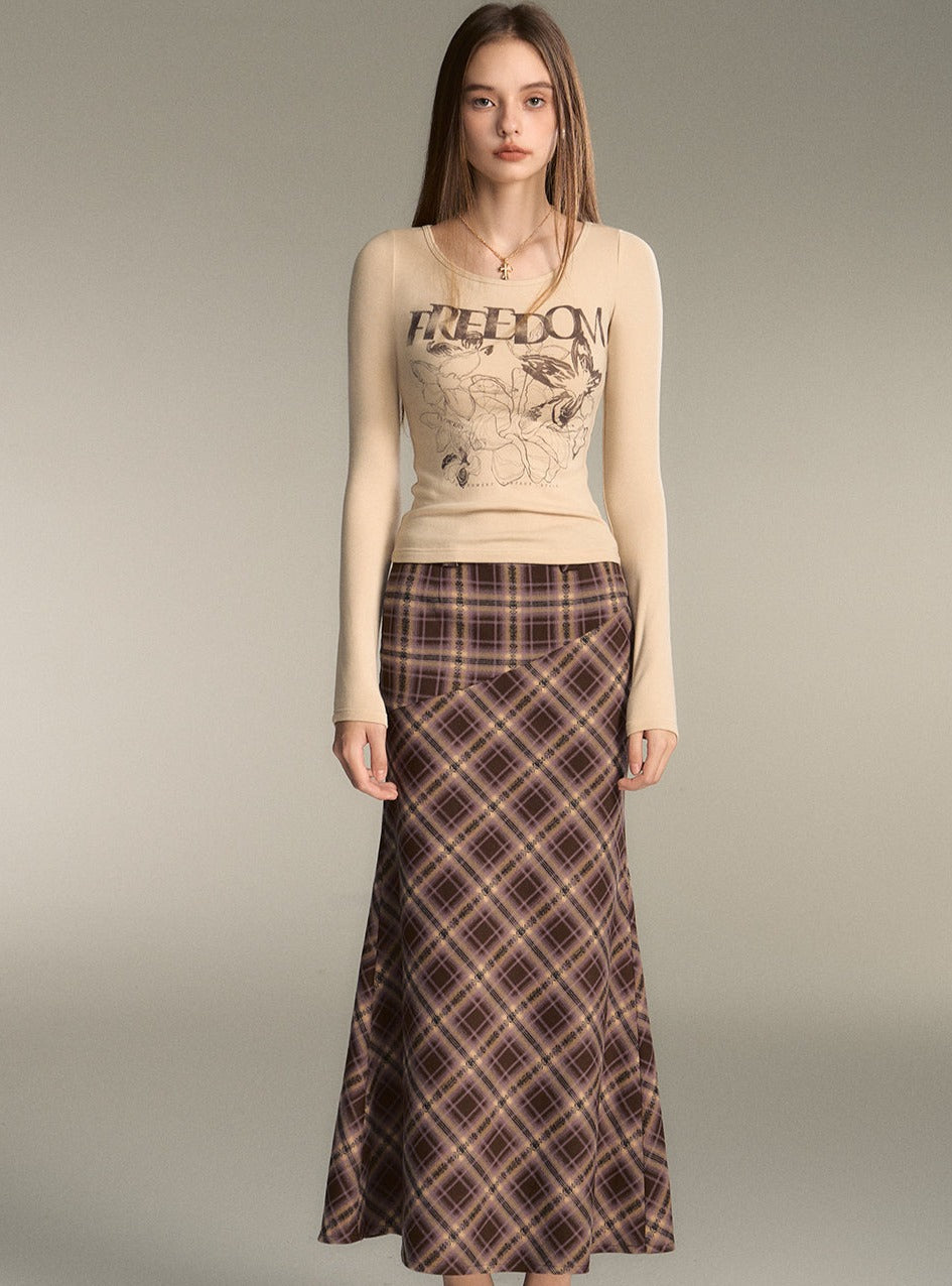 Retro Brown Check Long Mermaid Skirt