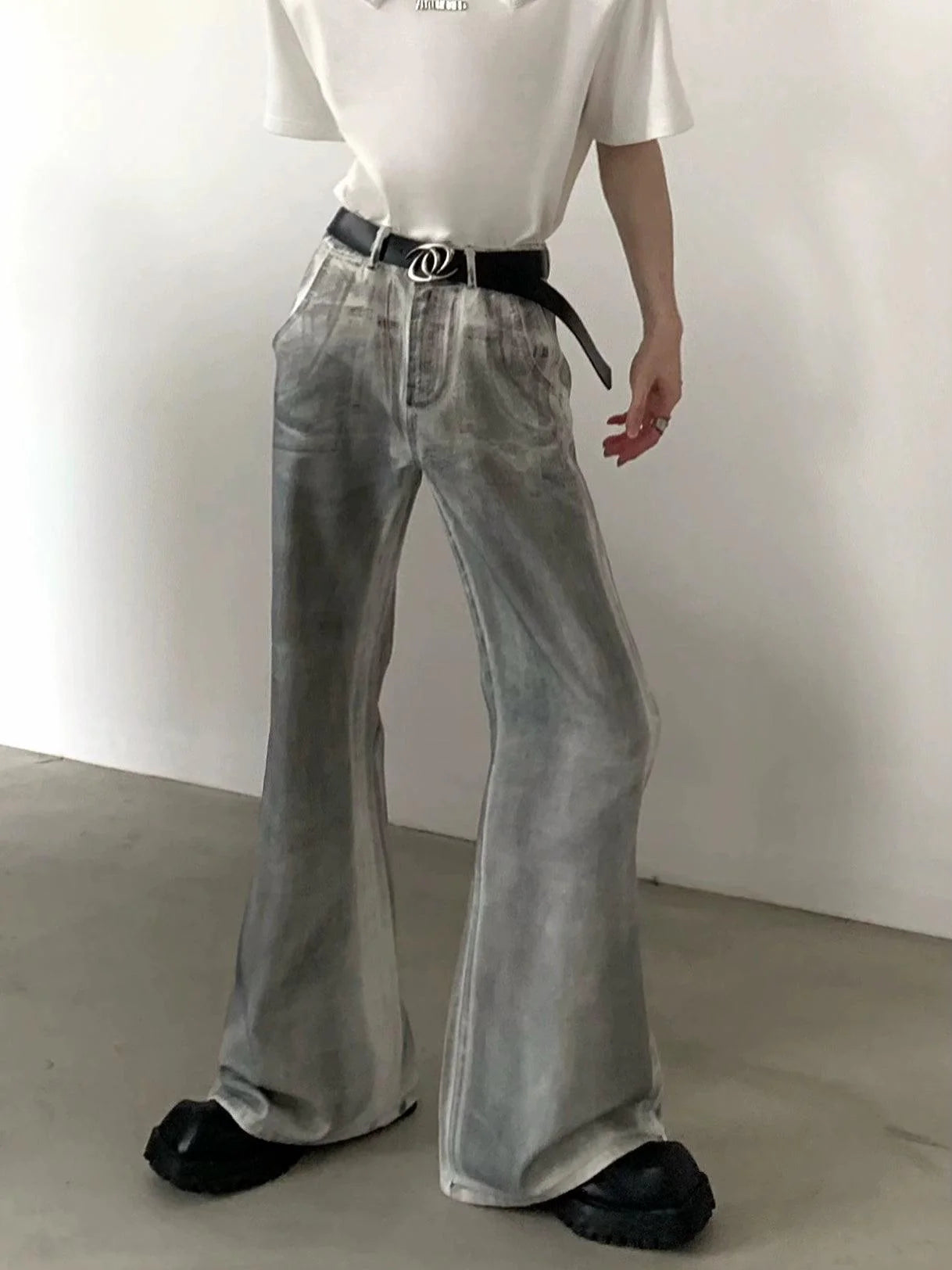 Wide-Leg Silver Metallic Jeans