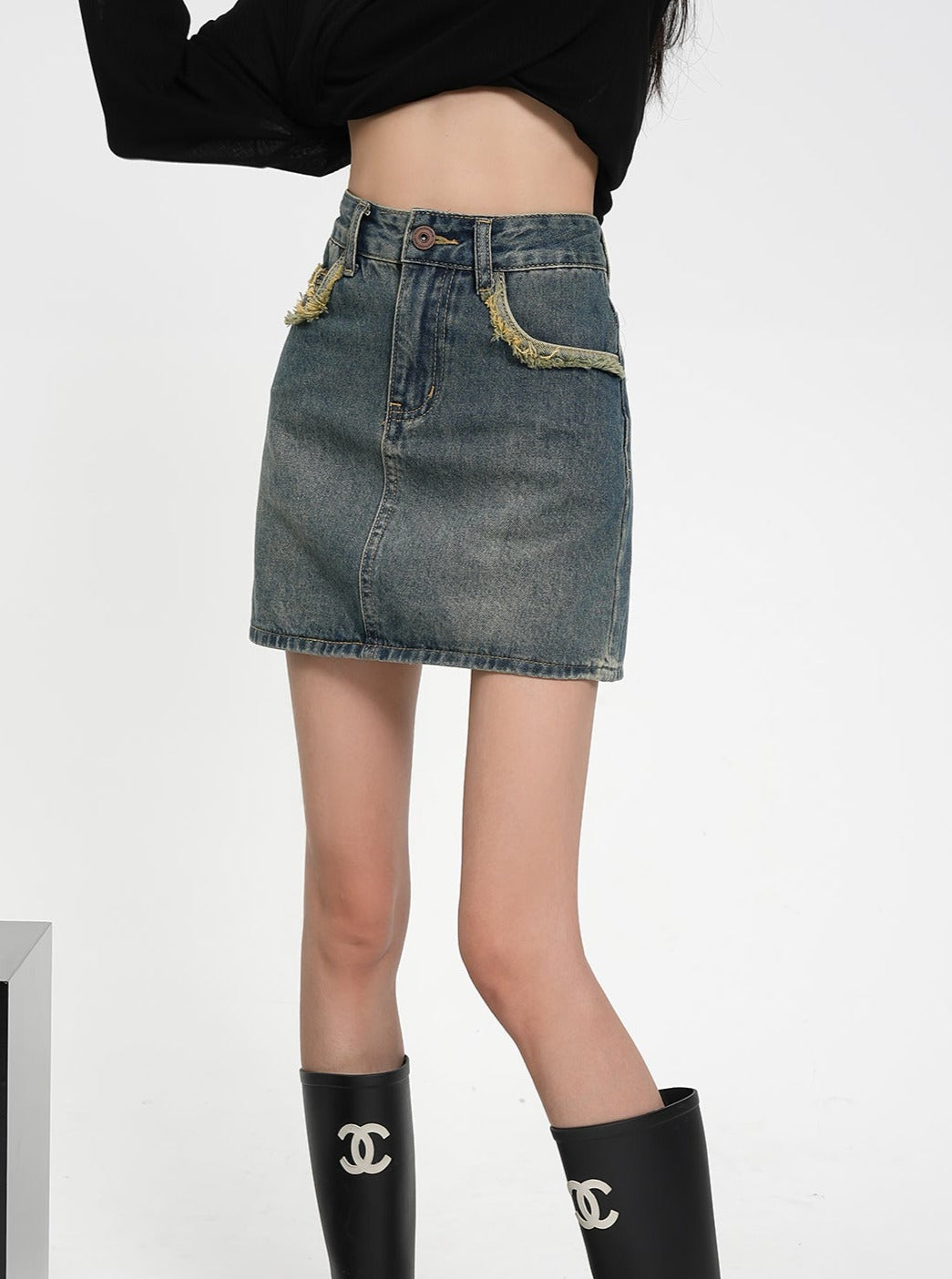 Vintage-Inspired Denim Mini Skirt - Two-Tone Patchwork Jean Skirt with Raw Hem