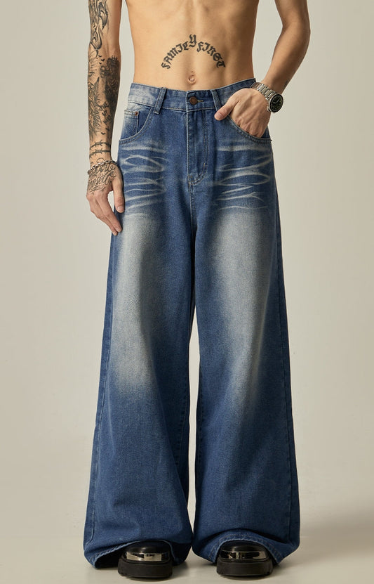 Wide-Leg Distressed Gradient Wash Denim Jeans