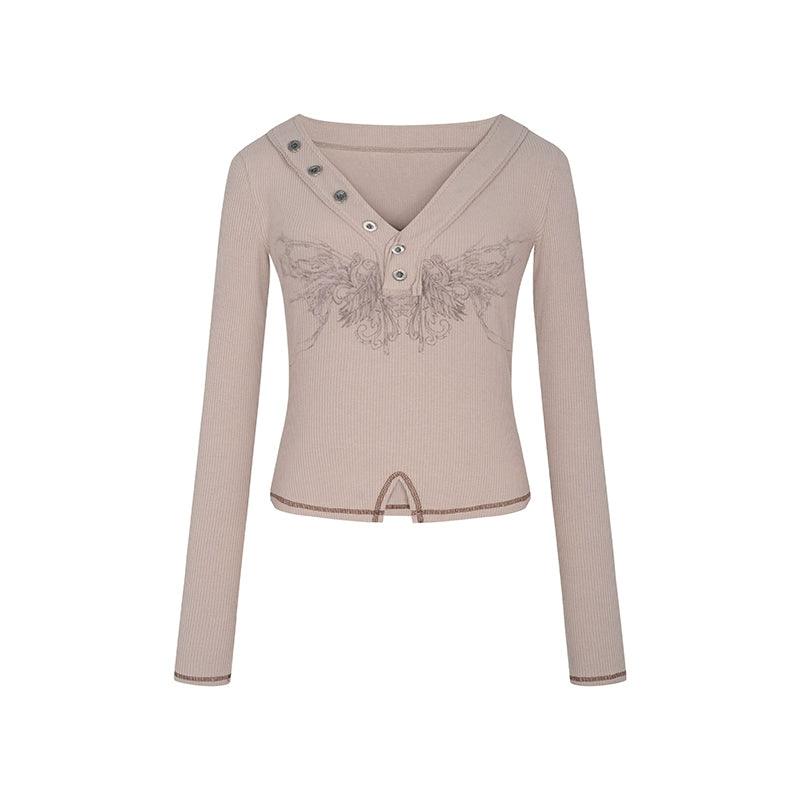 Strike A Pose Women'S Butterfly Embroidered Henley Top - Long Sleeve V-Neck Fitted Crop Tee