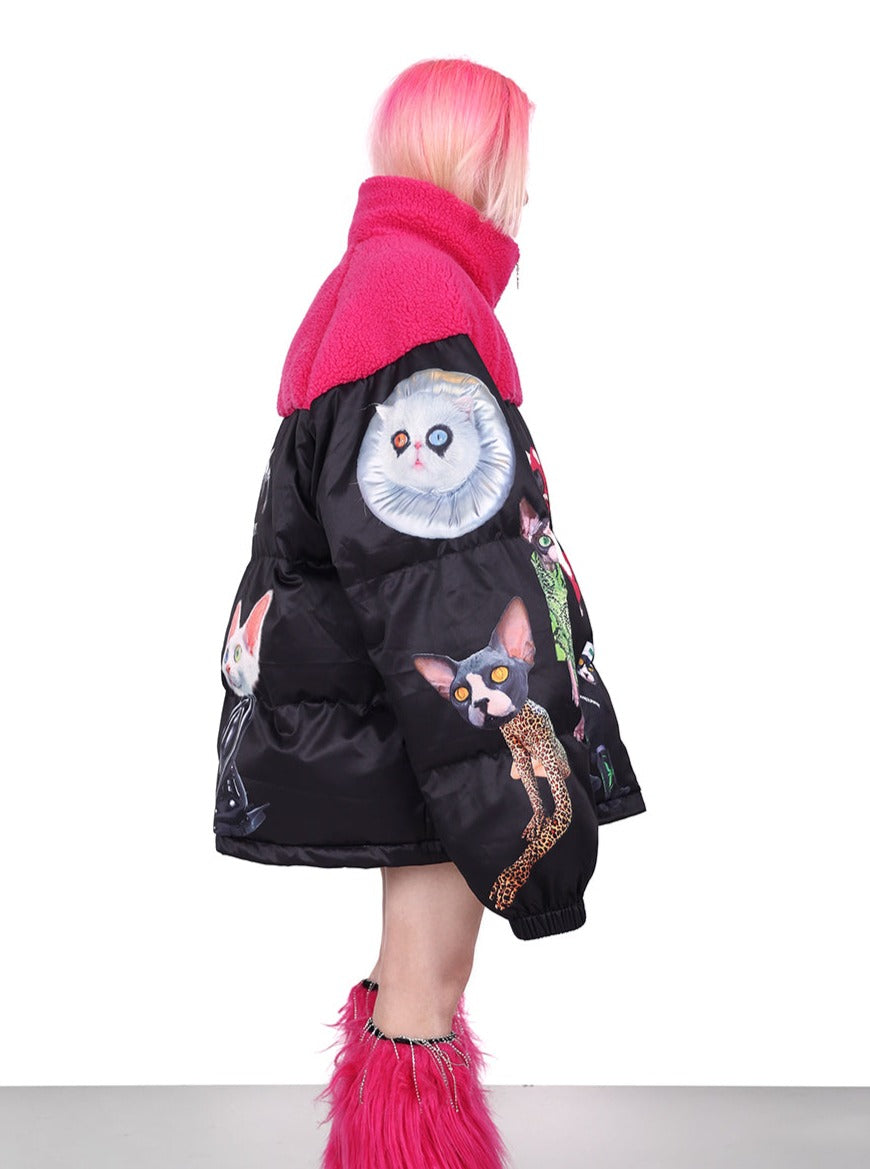 PINKSPINK Quirky Animal Collage Puffer Jacket - Black and Hot Pink