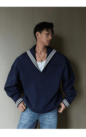 Weave Studio Navy Blue Sailor Collar Sweatshirt - Oversized Nautical V-Neck Pullover