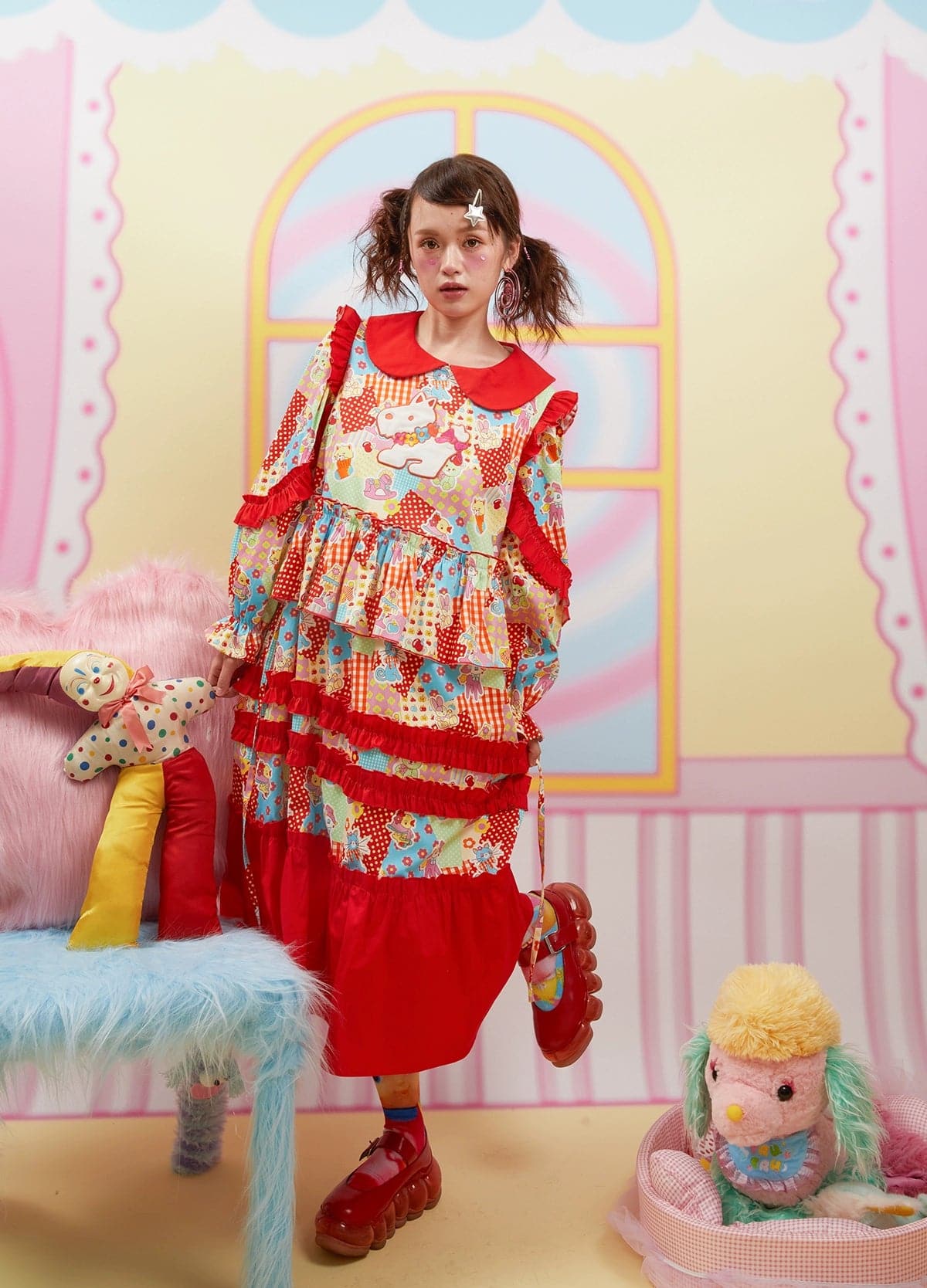 Red Plaid Doll Collar Printed Thickened Cartoon Dress