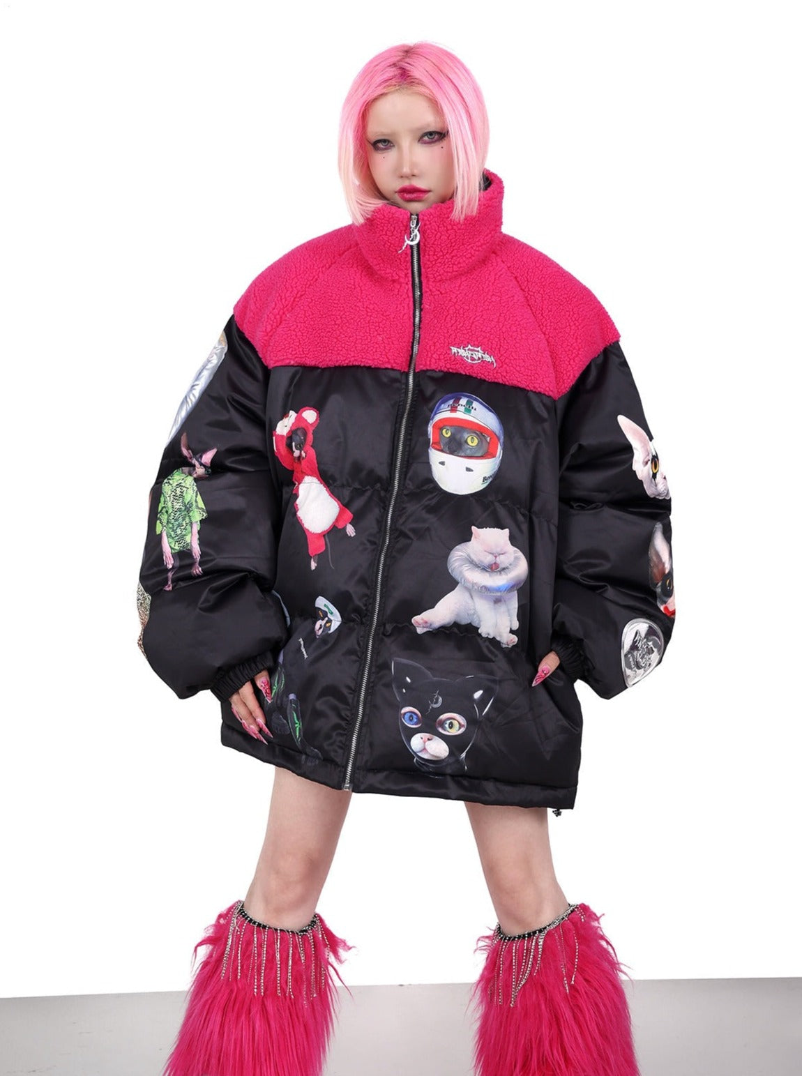 PINKSPINK Quirky Animal Collage Puffer Jacket - Black and Hot Pink