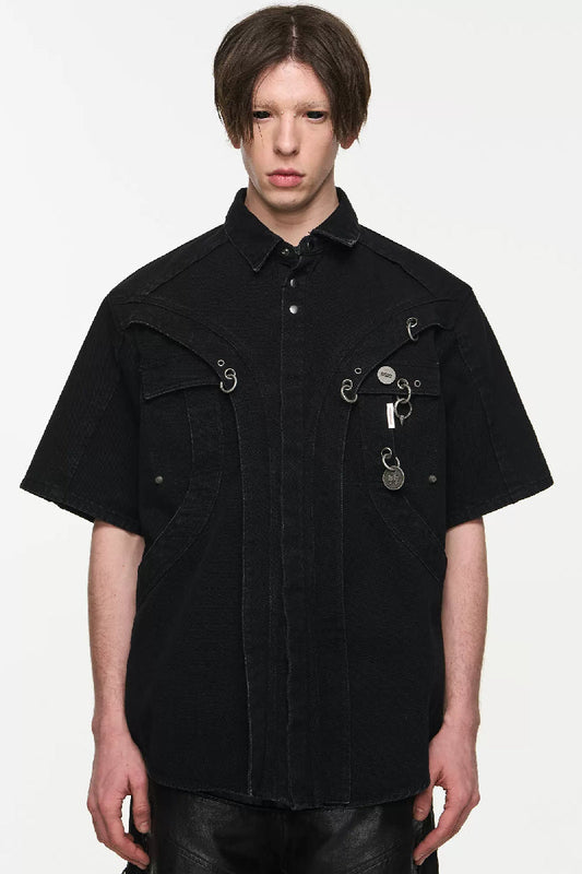 Metal-Trimmed Loose Short Sleeve Shirt