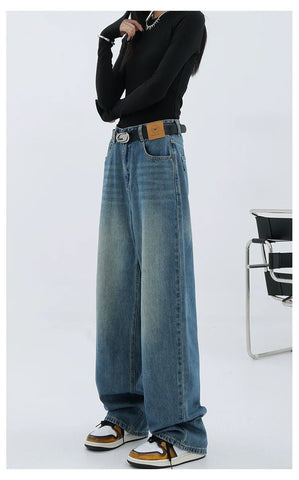 Blue Retro Loose Straight-Leg High-Waist Floor-Length Jeans