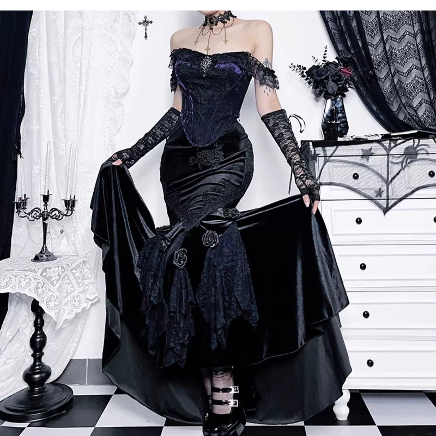 Wannathis Gothic Velvet Ensemble - Off-Shoulder Lace Bodysuit With Floral Mermaid Maxi Skirt