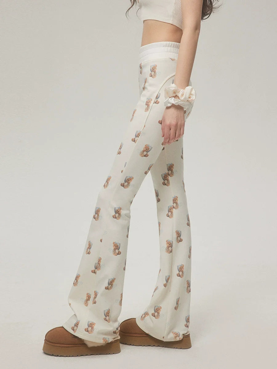 Trendy Bear Print Casual Pants With Subtle Flare Leg