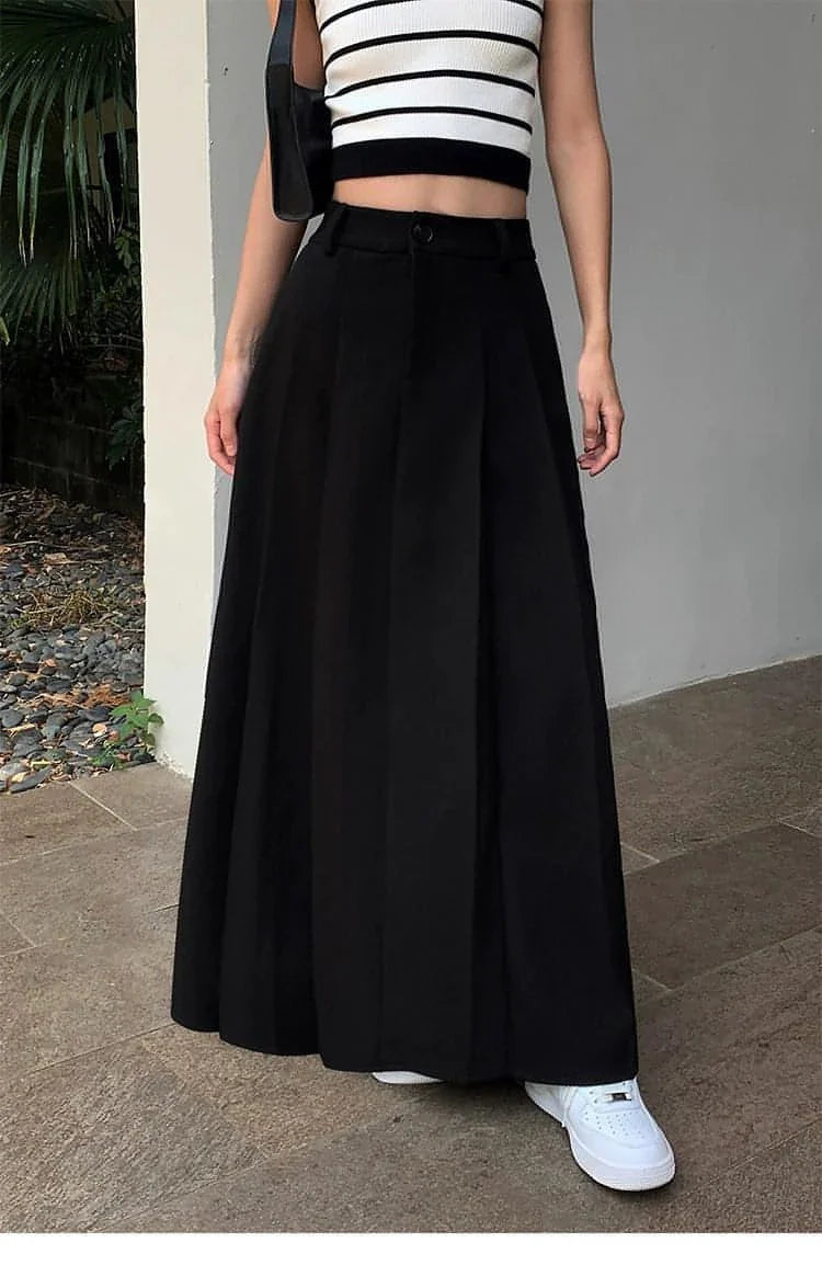 Summer Black High-Waisted Pleated Midi Skirt