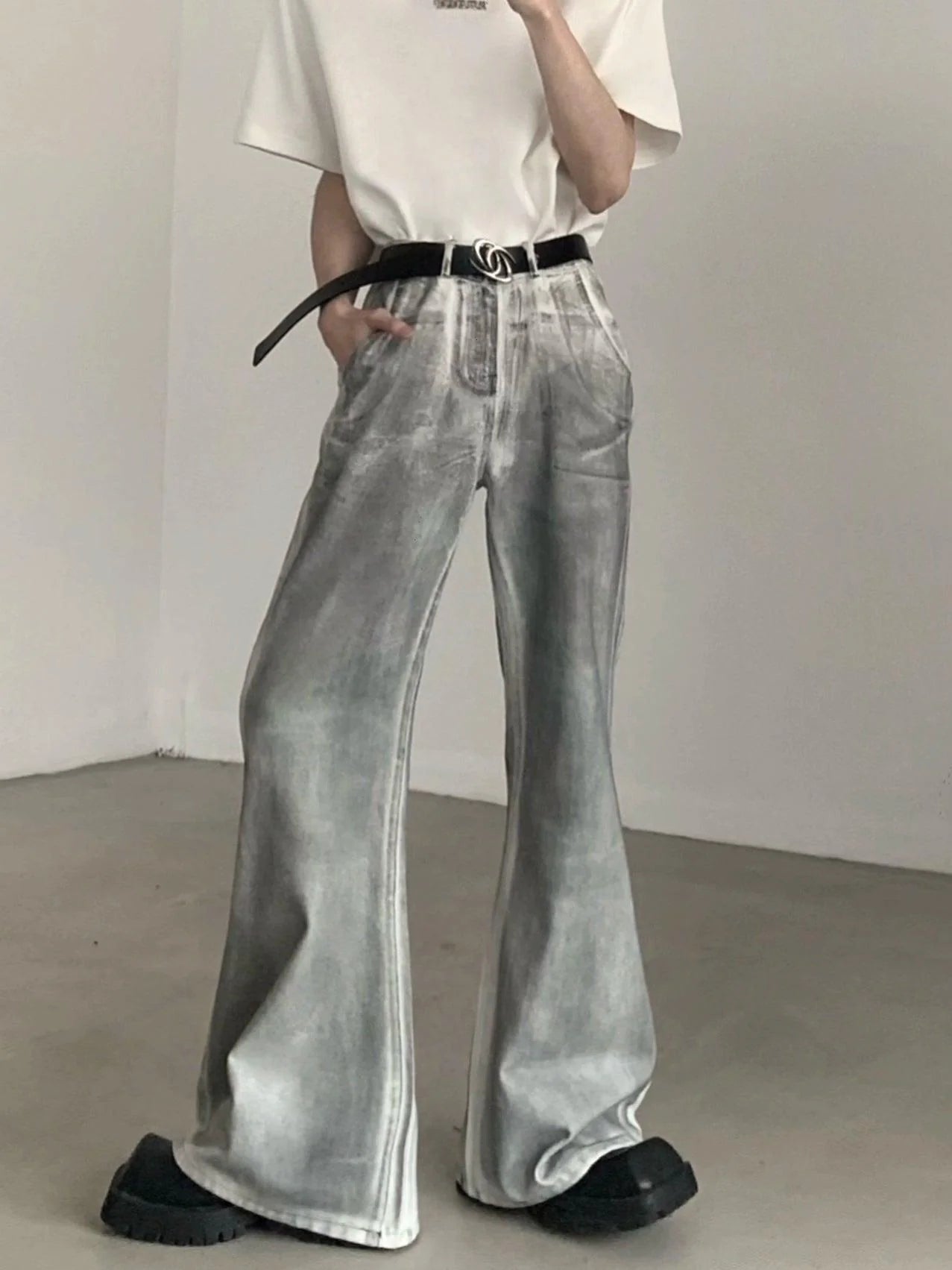 Wide-Leg Silver Metallic Jeans