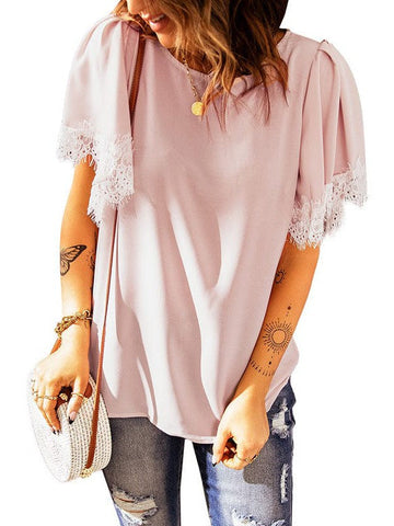 Lace Round Neck Patchwork Women's Short-Sleeved Pullover Top