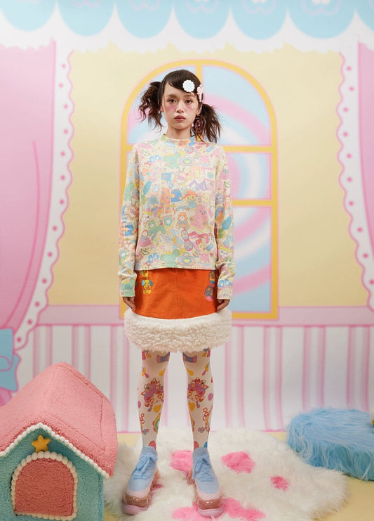 Beige Long Sleeve Waffle Knit Base Shirt With Cute Print