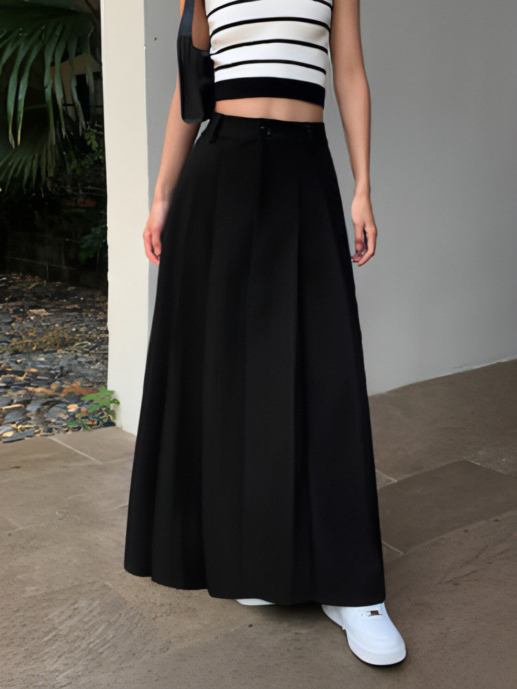 Summer Black High-Waisted Pleated Midi Skirt