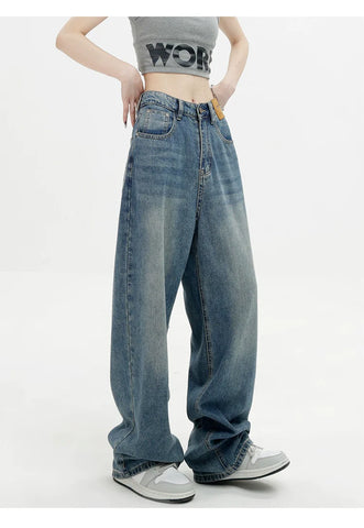 Blue Retro Loose Straight-Leg High-Waist Floor-Length Jeans