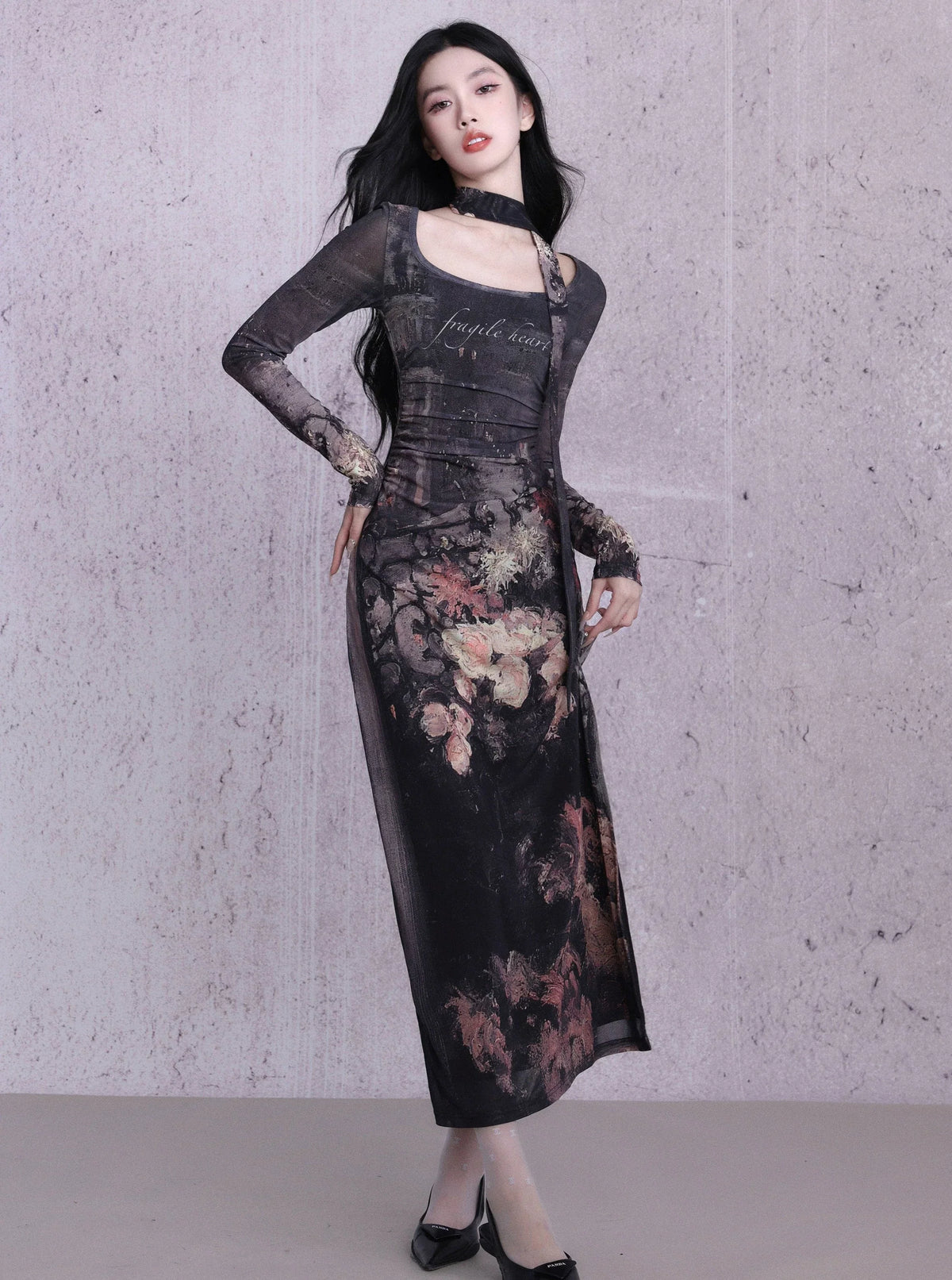 Enchanting Midnight Bloom Maxi Dress: Long-Sleeve Bodycon with Vintage Floral Print and Choker Detail