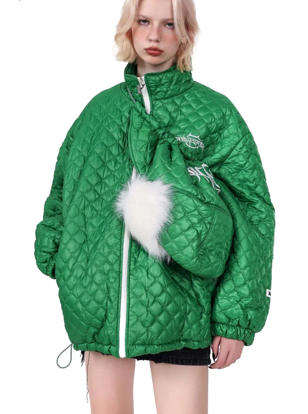 PINKSPINK Quilted Fur-Trimmed Puffer Jacket - Green and Black