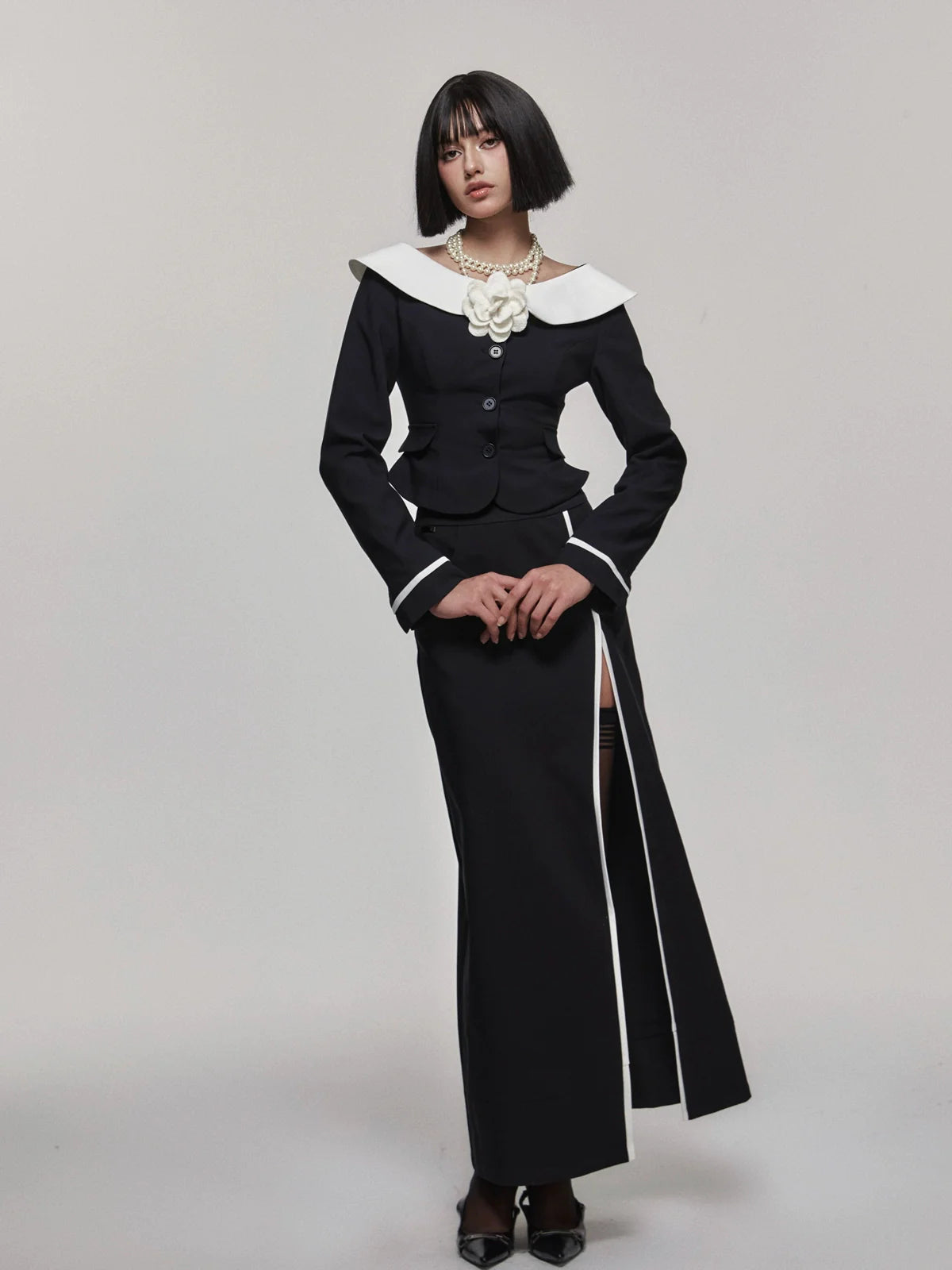 Monochrome Asymmetrical Blazer Set With Hourglass Top And Slimming Long Skirt