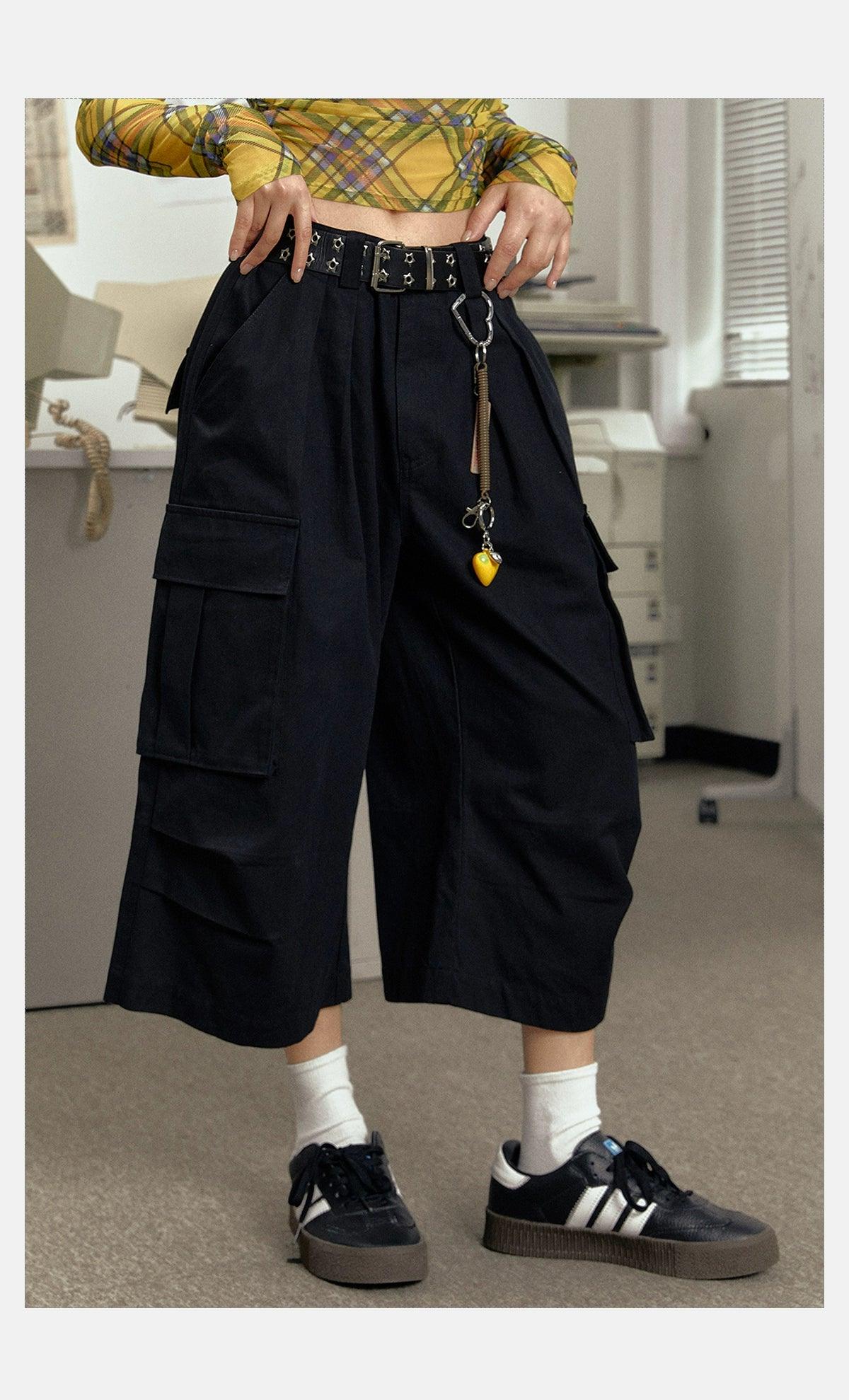 Ezek Wide Leg Cargo Culottes - High-Waisted Loose Fit Cropped Pants With Multiple Pockets