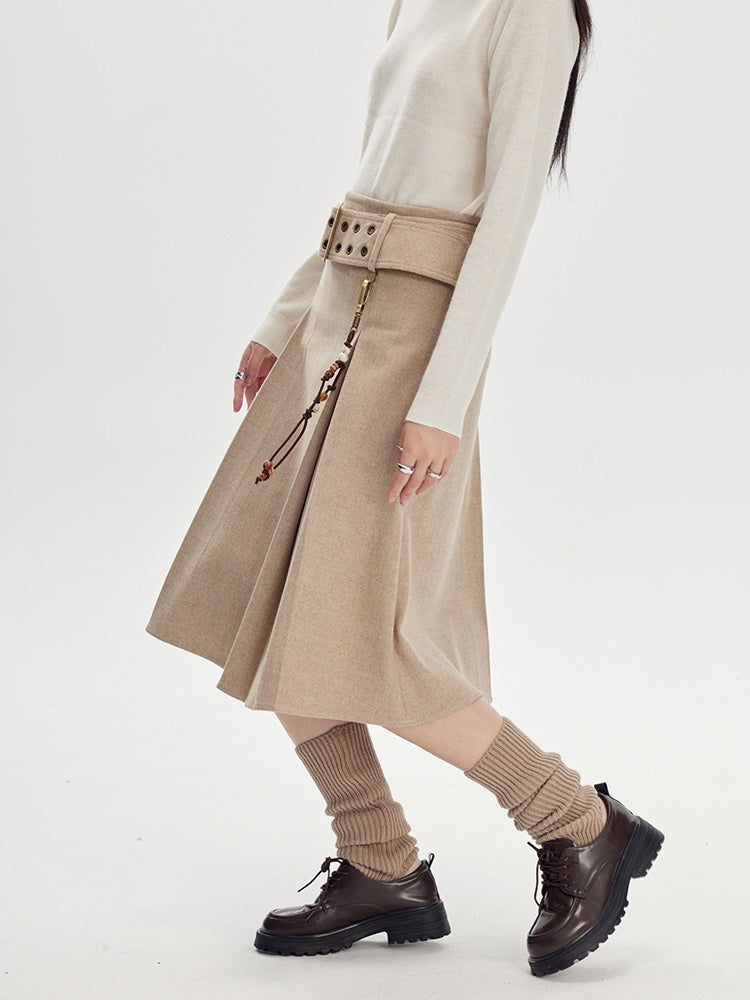 Beige Pleated Midi Skirt With Wide Belt - Wool Blend A-Line Winter Skirt