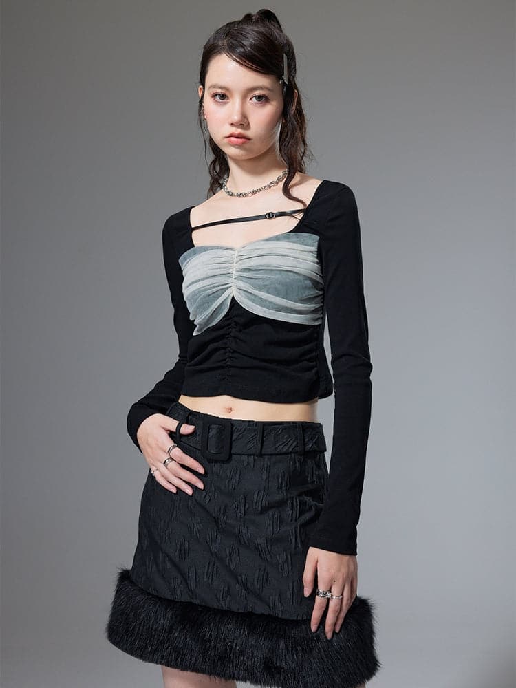 Smocked Mesh Stitching Bottoming Shirt