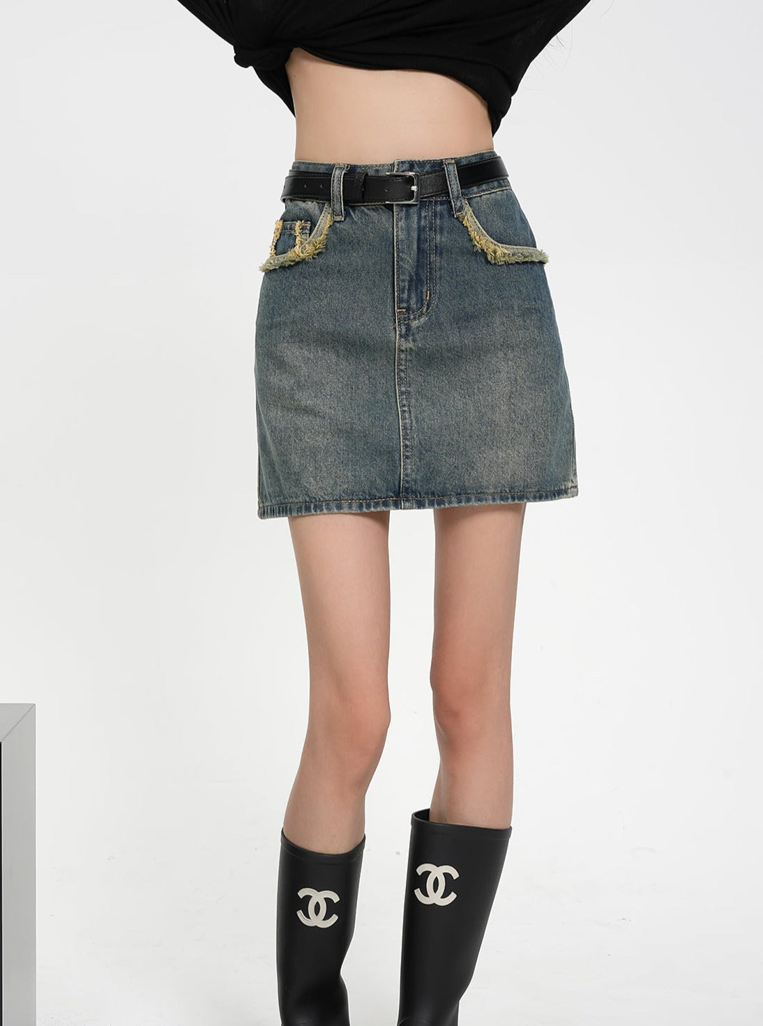 Vintage-Inspired Denim Mini Skirt - Two-Tone Patchwork Jean Skirt with Raw Hem