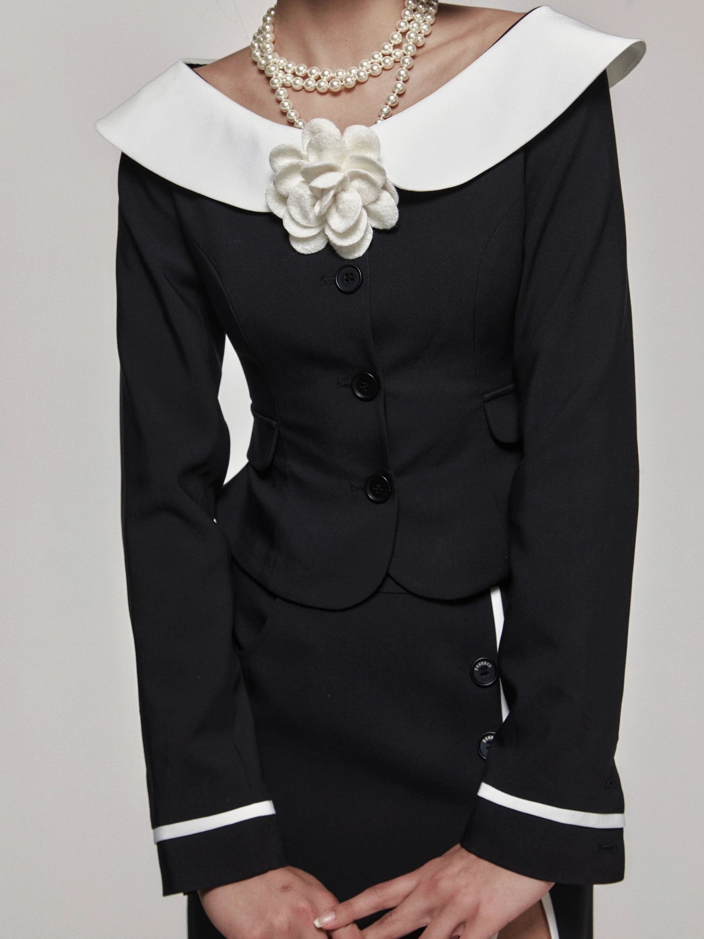 Monochrome Asymmetrical Blazer Set With Hourglass Top And Slimming Long Skirt