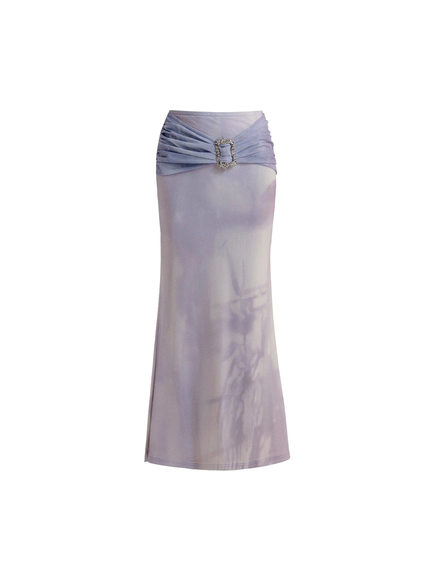 Elegant Lilac Satin Maxi Skirt with Rhinestone Buckle Detail