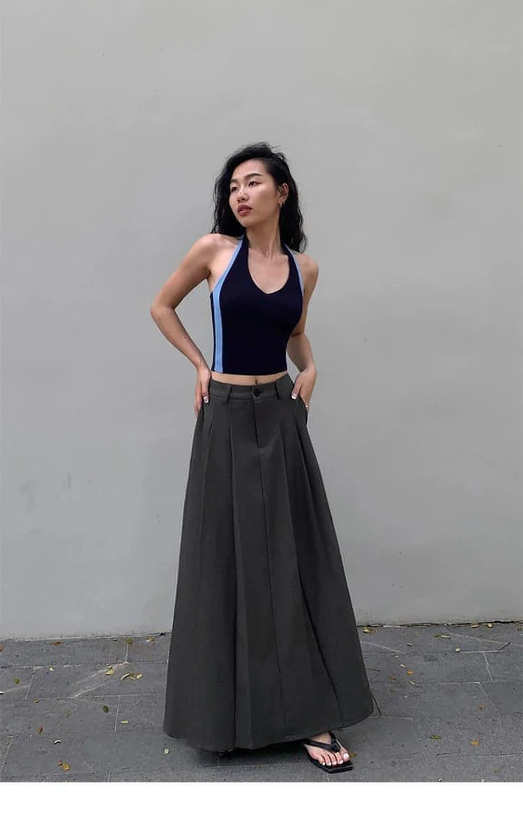 Summer Black High-Waisted Pleated Midi Skirt