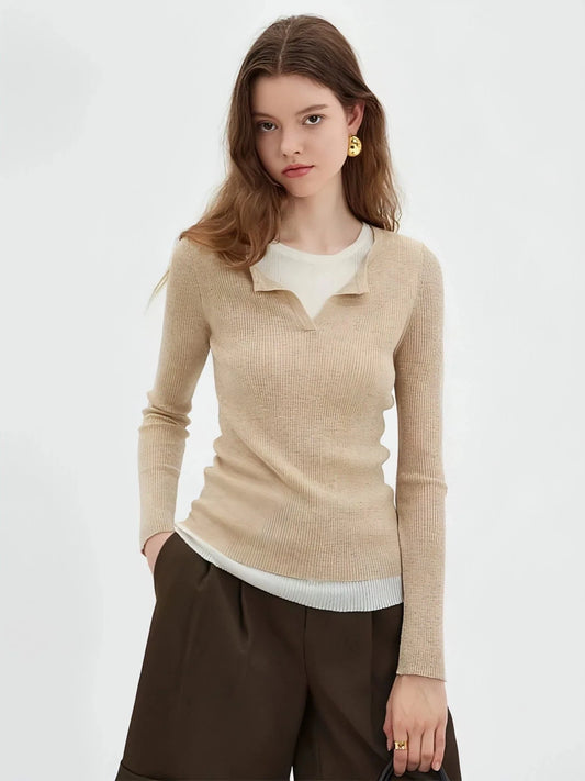 Chic Fold-Over Collar Color-Block Faux Layered Top