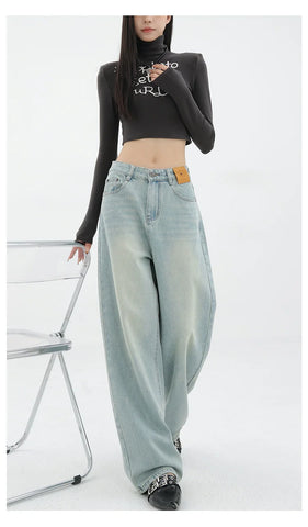 Blue Retro Loose Straight-Leg High-Waist Floor-Length Jeans