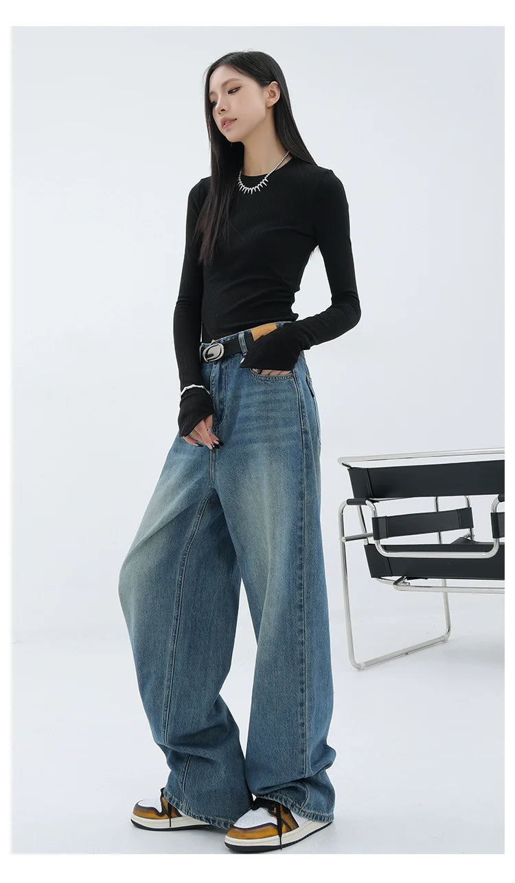 Blue Retro Loose Straight-Leg High-Waist Floor-Length Jeans