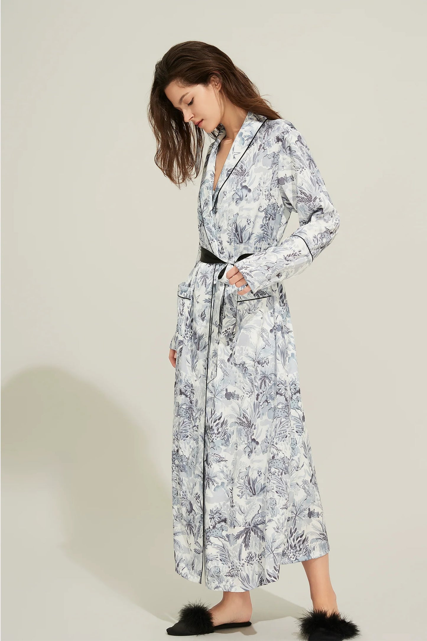 Silk Thin Long Robe With Tie Waist Sleepwear