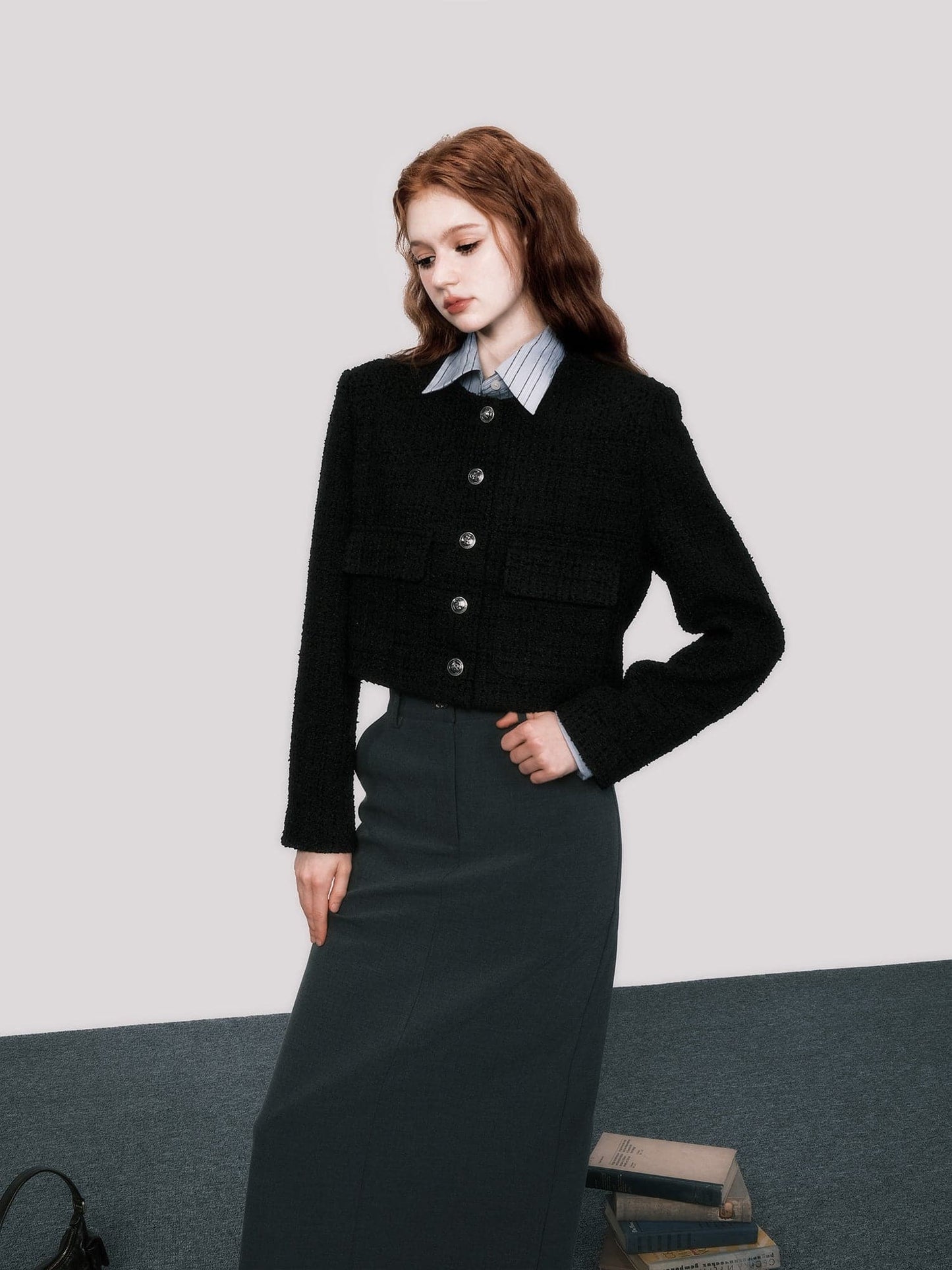 Sleek No-Collar Tweed Short Jacket