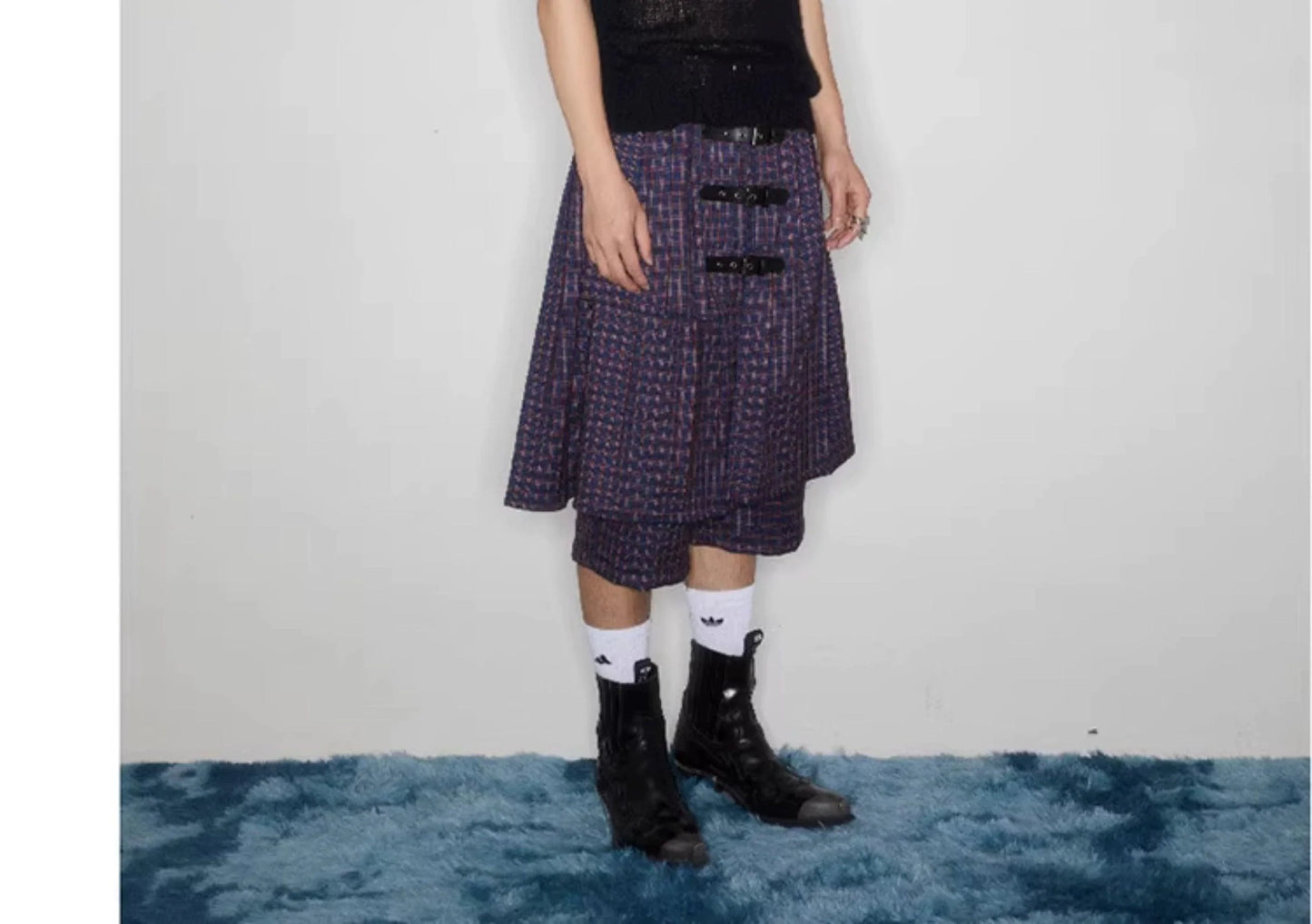 Plaid Buckle-Front Layered Unisex Skort