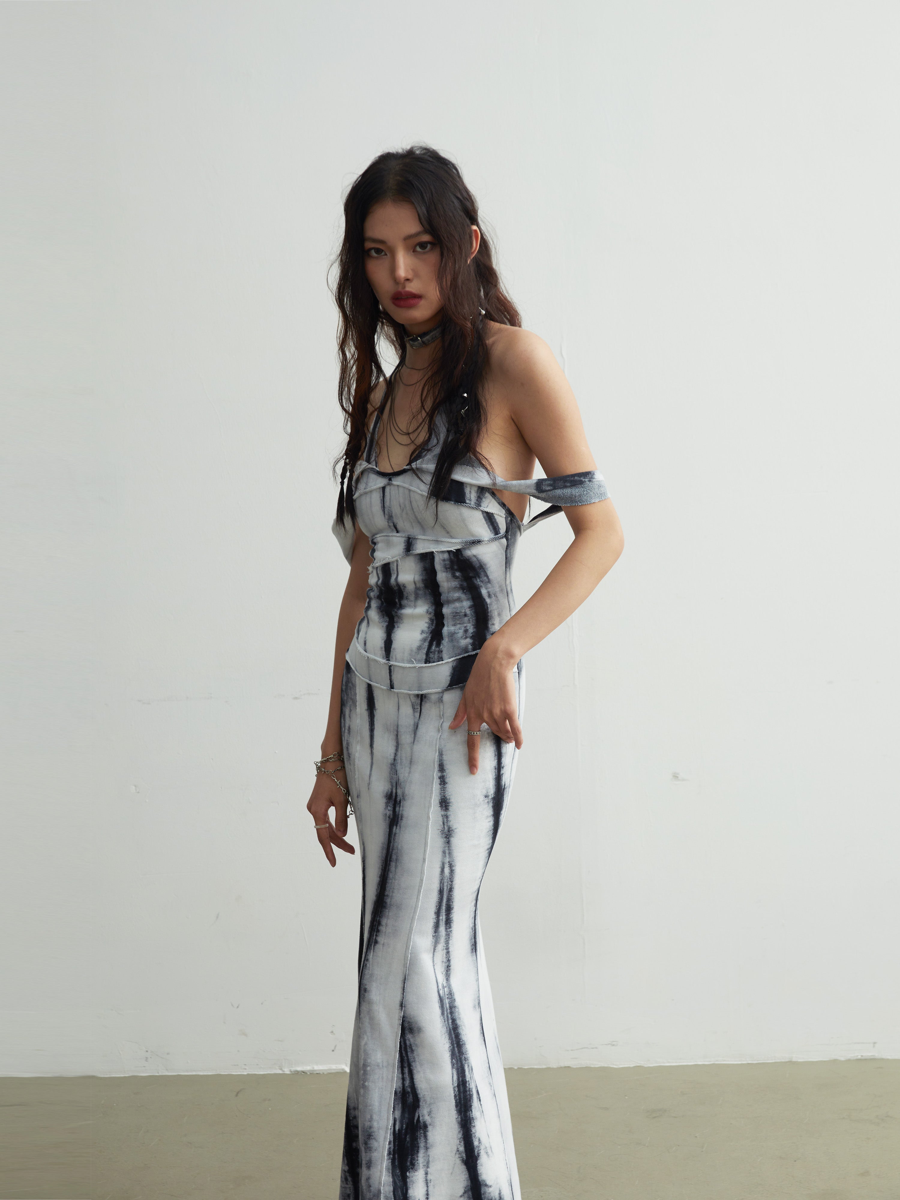 Elegant Tie-Dye Maxi Dress With Slim Straps