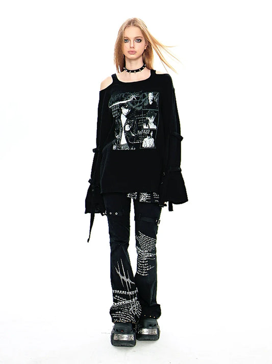 Diet Grrrl Gothic Punk Cold Shoulder Sweater - Black Graphic Print Long Sleeve Top With Thumb Holes