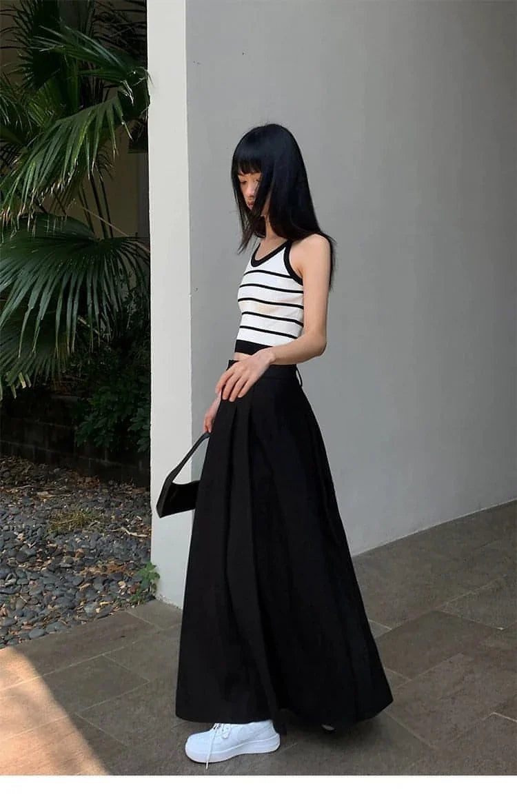 Summer Black High-Waisted Pleated Midi Skirt